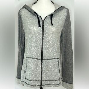 Chico’s Zenergy knit full zip hoodie. Gray with white/silver sequins . Size XL